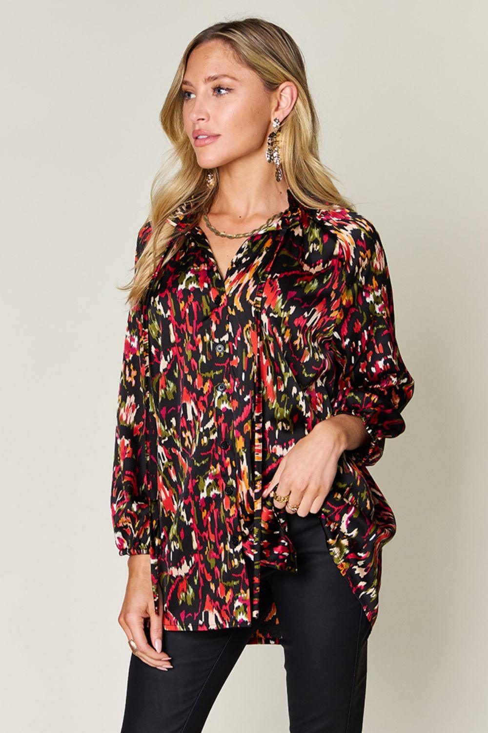 Double Take Full Size Printed Button Up Long Sleeve Shirt - Clothes For Her Online Store