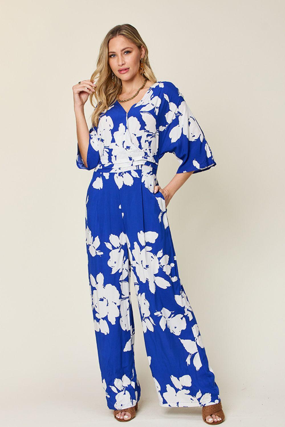 Double Take Full Size Printed Tie Back Wide Leg Jumpsuit - Clothes For Her Online Store