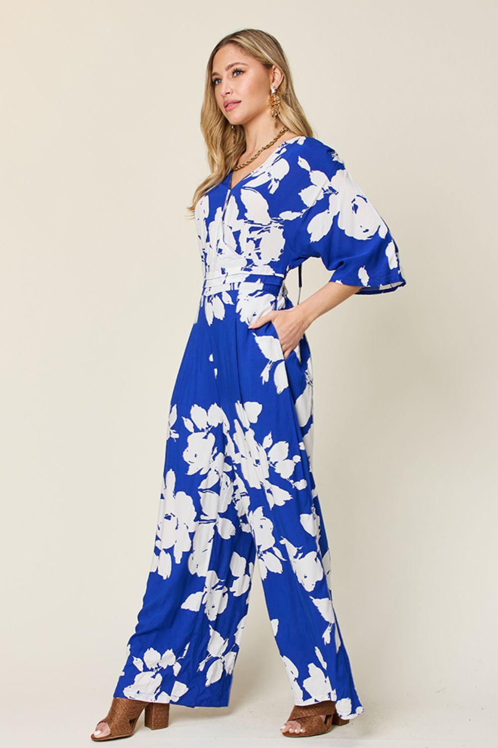Double Take Full Size Printed Tie Back Wide Leg Jumpsuit - Clothes For Her Online Store