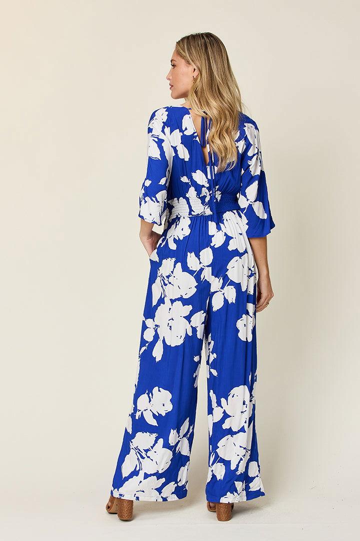Double Take Full Size Printed Tie Back Wide Leg Jumpsuit - Clothes For Her Online Store