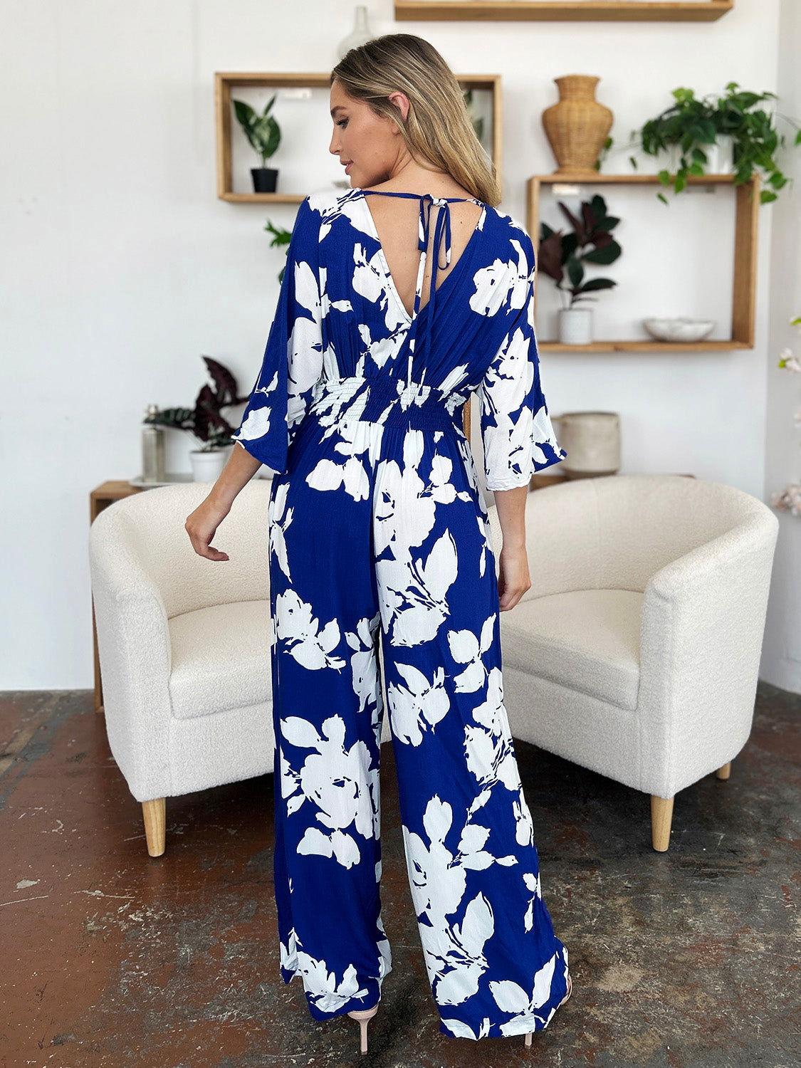 Double Take Full Size Printed Tie Back Wide Leg Jumpsuit - Clothes For Her Online Store