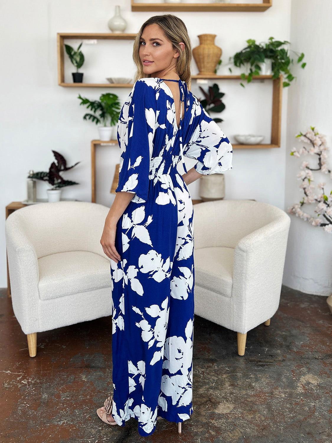 Double Take Full Size Printed Tie Back Wide Leg Jumpsuit - Clothes For Her Online Store