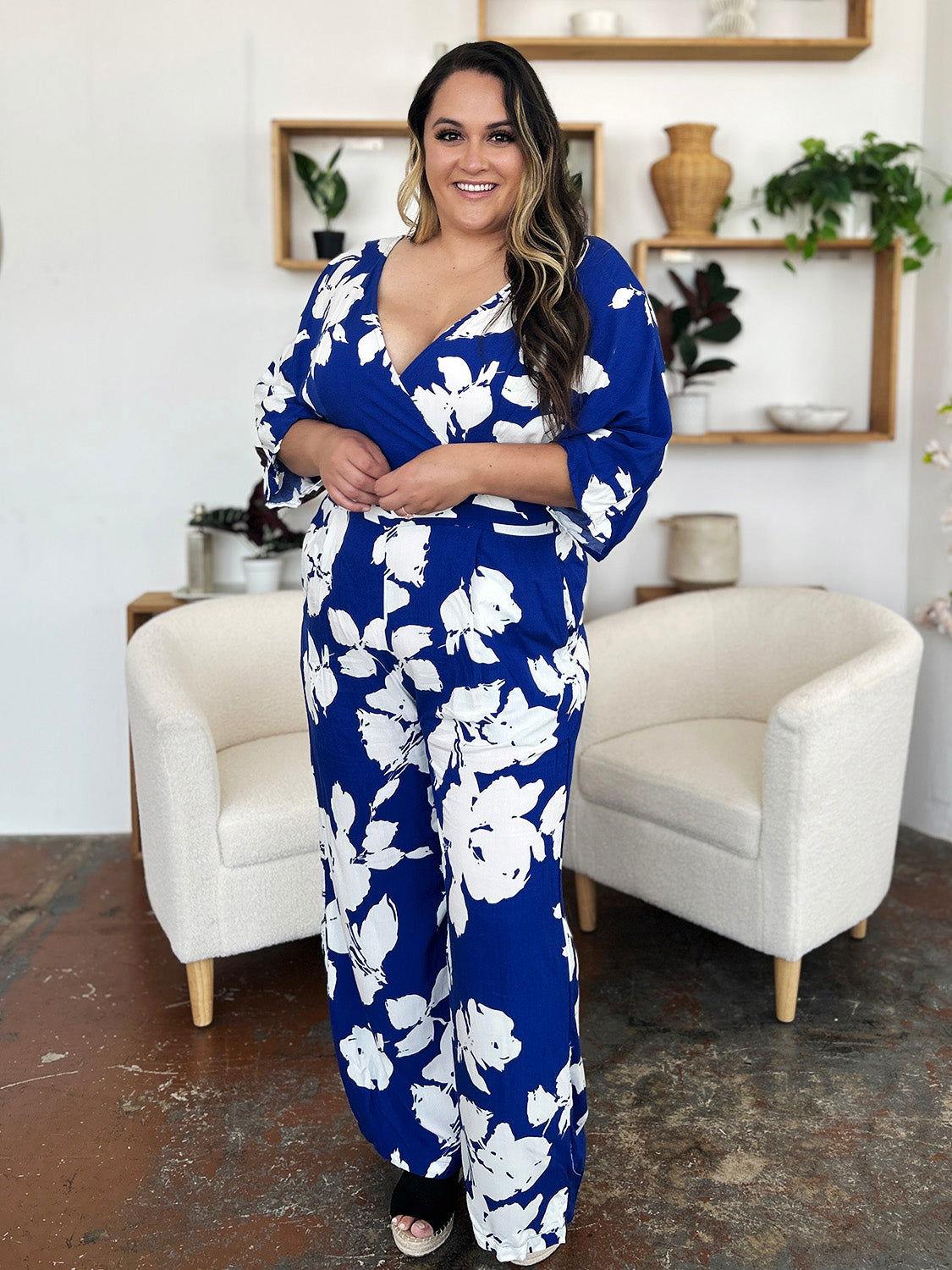 Double Take Full Size Printed Tie Back Wide Leg Jumpsuit - Clothes For Her Online Store