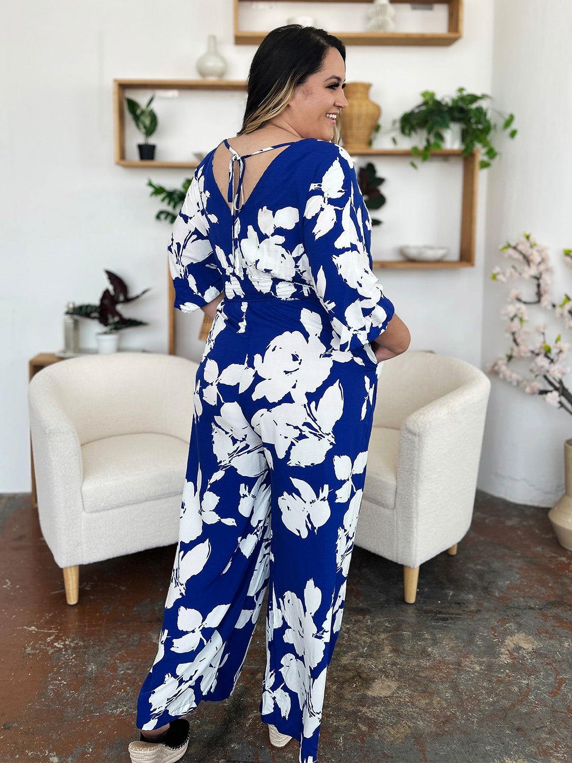 Double Take Full Size Printed Tie Back Wide Leg Jumpsuit - Clothes For Her Online Store