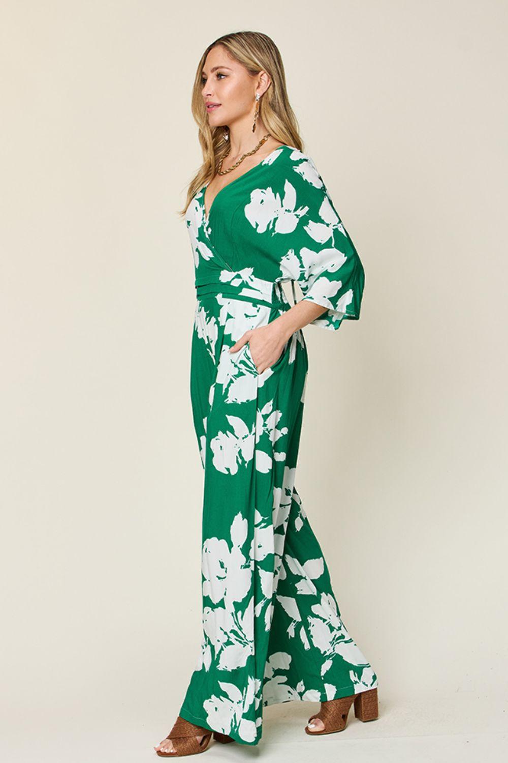 Double Take Full Size Printed Tie Back Wide Leg Jumpsuit - Clothes For Her Online Store