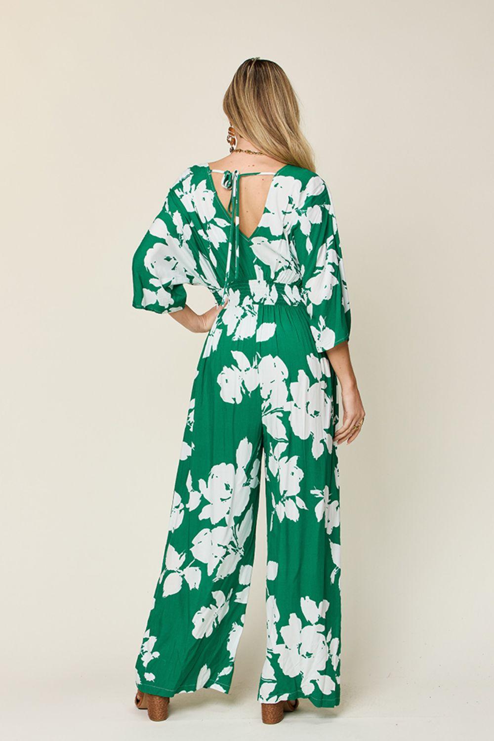 Double Take Full Size Printed Tie Back Wide Leg Jumpsuit - Clothes For Her Online Store