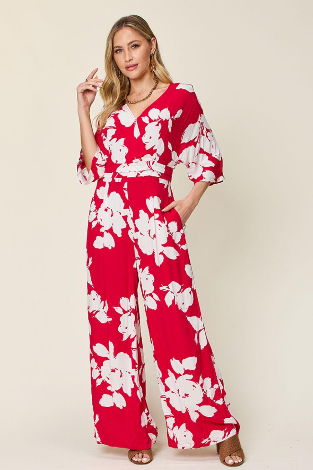 Double Take Full Size Printed Tie Back Wide Leg Jumpsuit - Clothes For Her Online Store