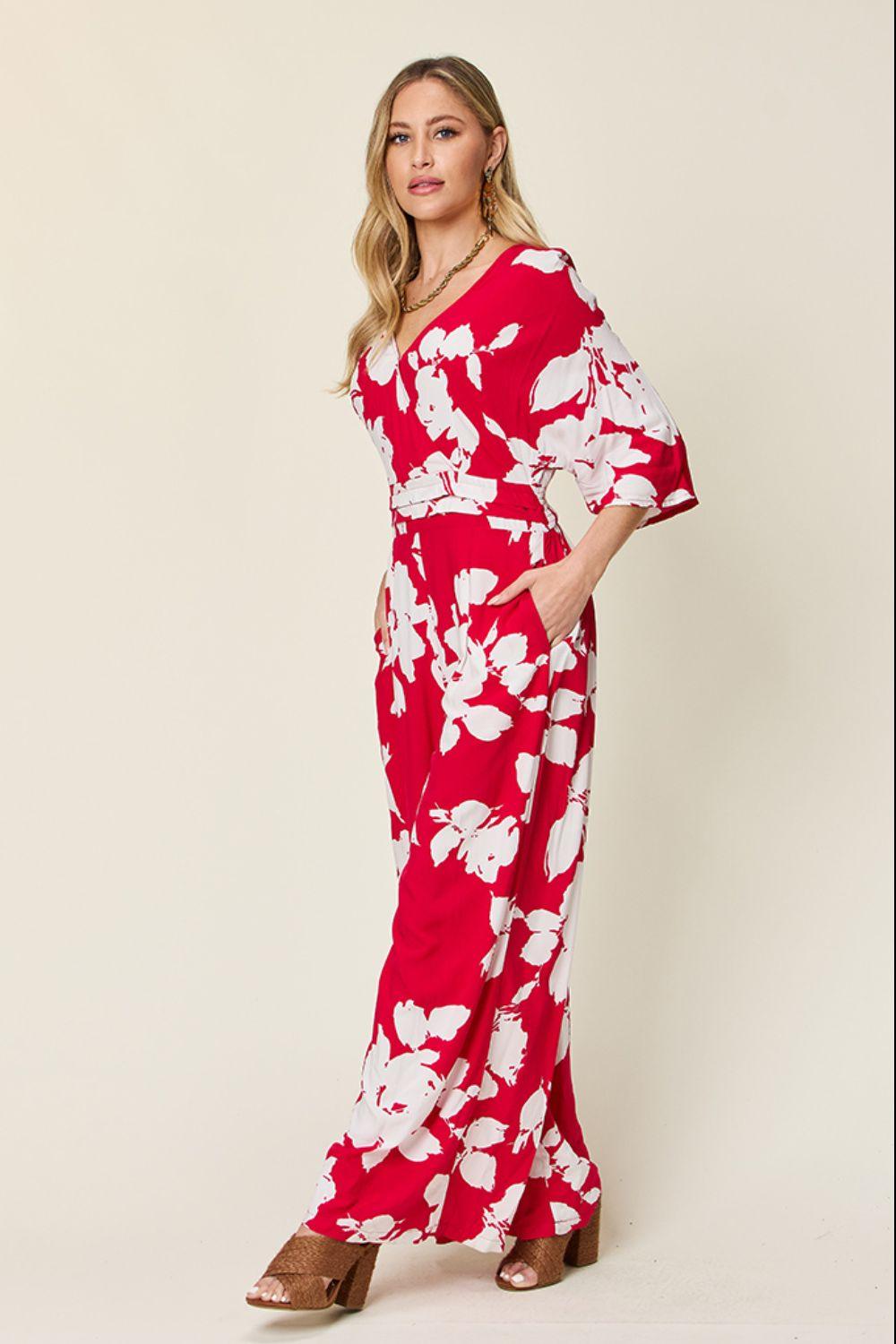 Double Take Full Size Printed Tie Back Wide Leg Jumpsuit - Clothes For Her Online Store