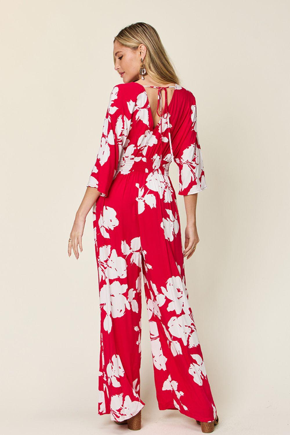 Double Take Full Size Printed Tie Back Wide Leg Jumpsuit - Clothes For Her Online Store