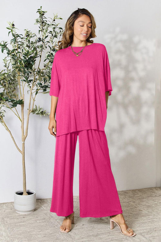 Double Take Full Size Round Neck Slit Top and Pants Set - Clothes For Her Online Store