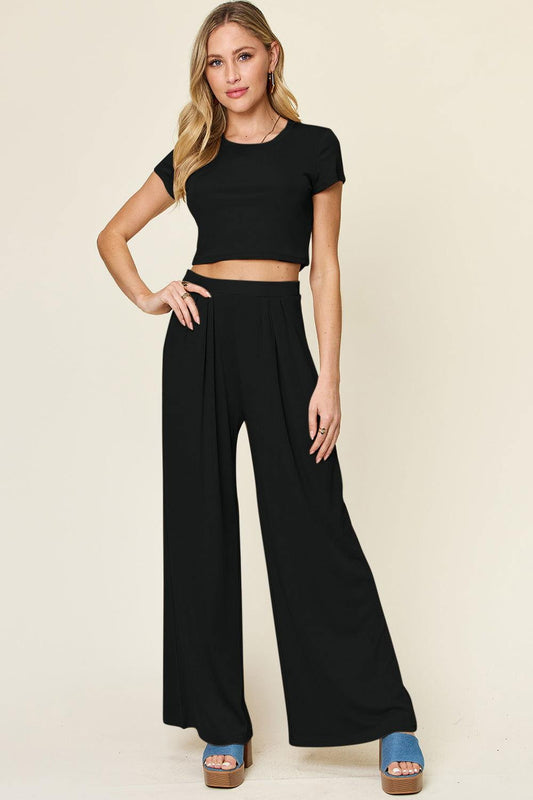Double Take Full Size Round Neck Top and Pants Set - Clothes For Her Online Store