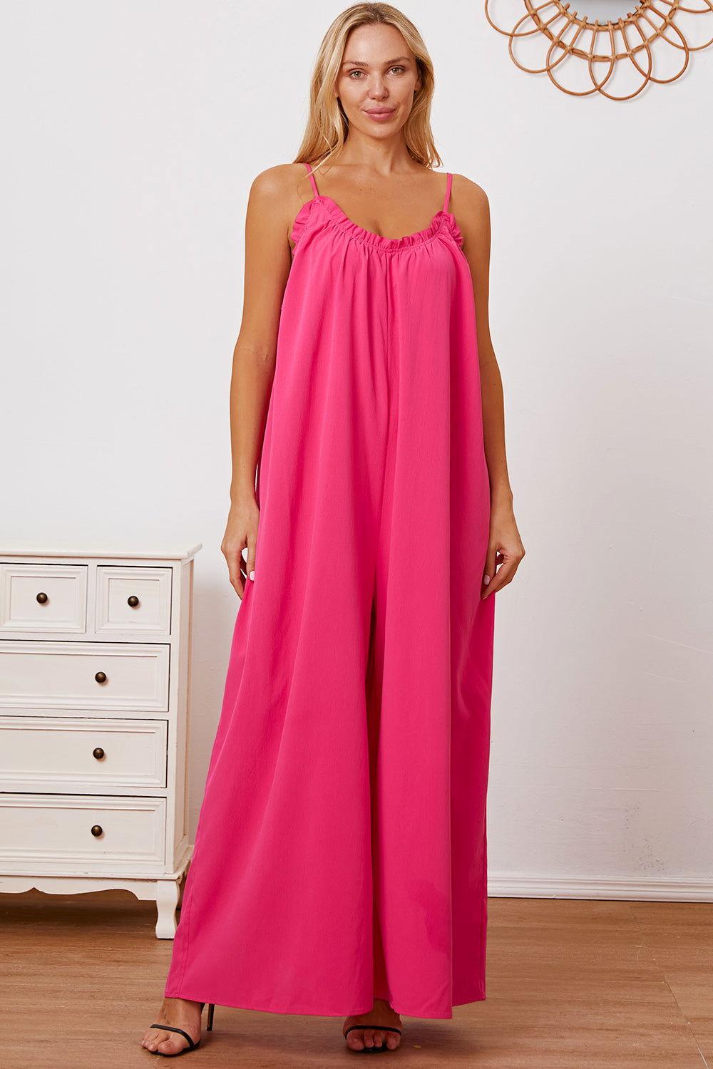 Double Take Full Size Ruffle Trim Tie Back Cami Jumpsuit with Pockets - Clothes For Her Online Store