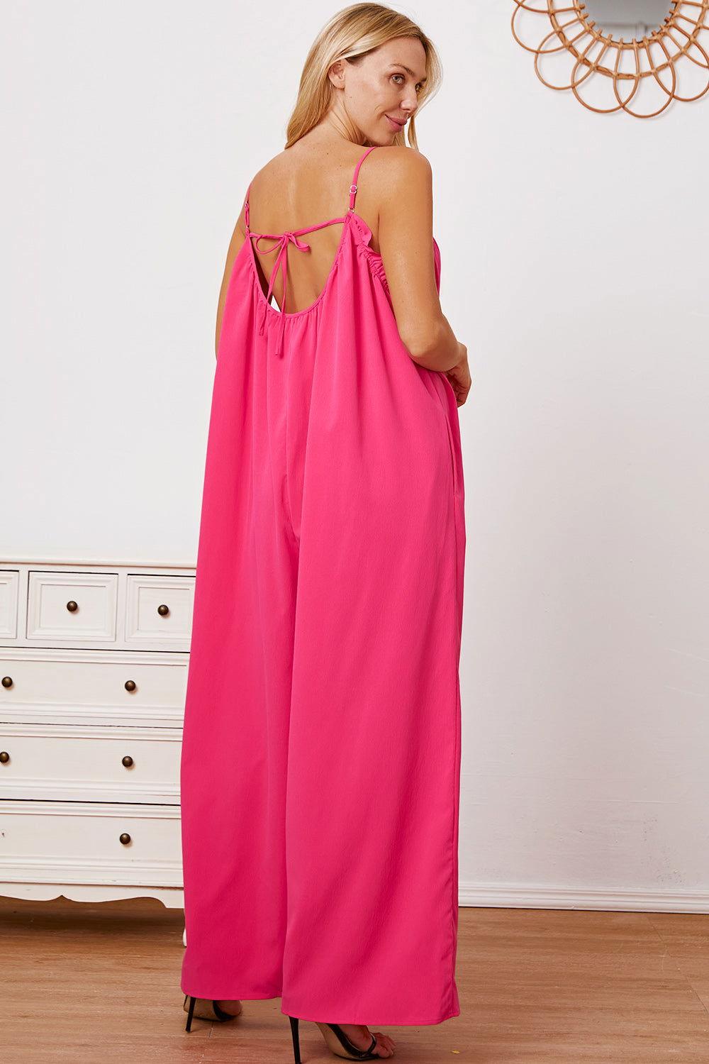 Double Take Full Size Ruffle Trim Tie Back Cami Jumpsuit with Pockets - Clothes For Her Online Store