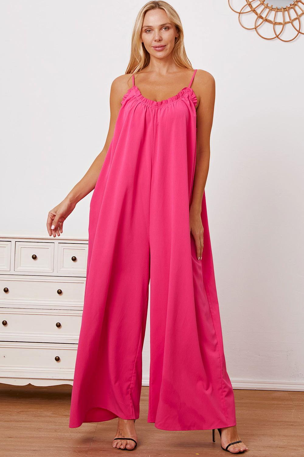 Double Take Full Size Ruffle Trim Tie Back Cami Jumpsuit with Pockets - Clothes For Her Online Store
