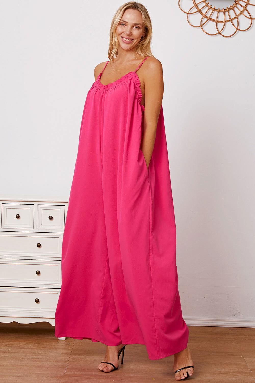 Double Take Full Size Ruffle Trim Tie Back Cami Jumpsuit with Pockets - Clothes For Her Online Store
