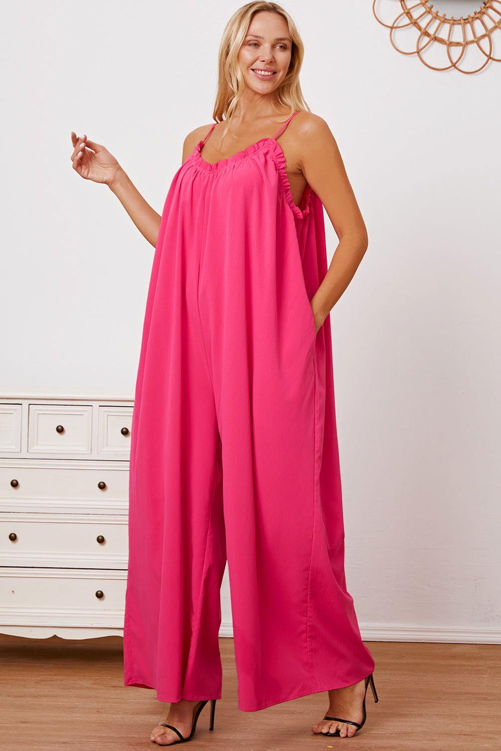 Double Take Full Size Ruffle Trim Tie Back Cami Jumpsuit with Pockets - Clothes For Her Online Store