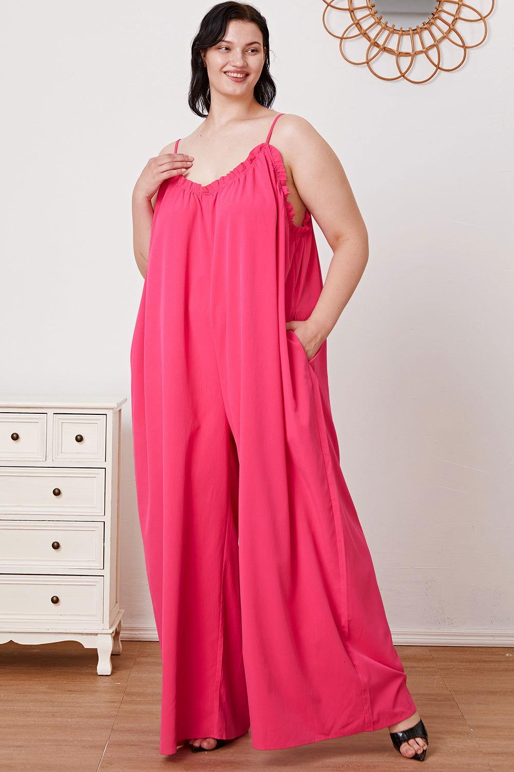 Double Take Full Size Ruffle Trim Tie Back Cami Jumpsuit with Pockets - Clothes For Her Online Store