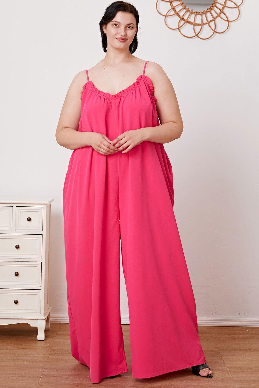 Double Take Full Size Ruffle Trim Tie Back Cami Jumpsuit with Pockets - Clothes For Her Online Store