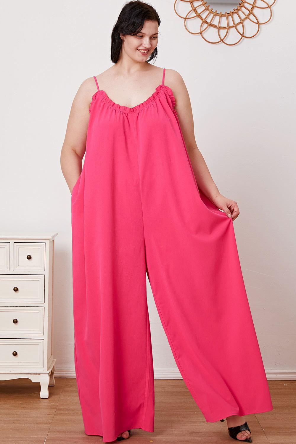Double Take Full Size Ruffle Trim Tie Back Cami Jumpsuit with Pockets - Clothes For Her Online Store
