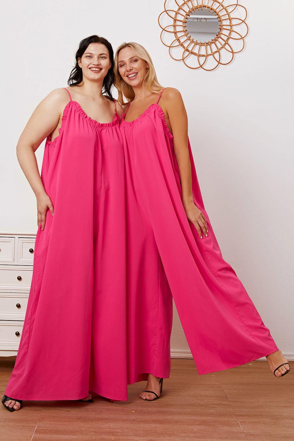 Double Take Full Size Ruffle Trim Tie Back Cami Jumpsuit with Pockets - Clothes For Her Online Store