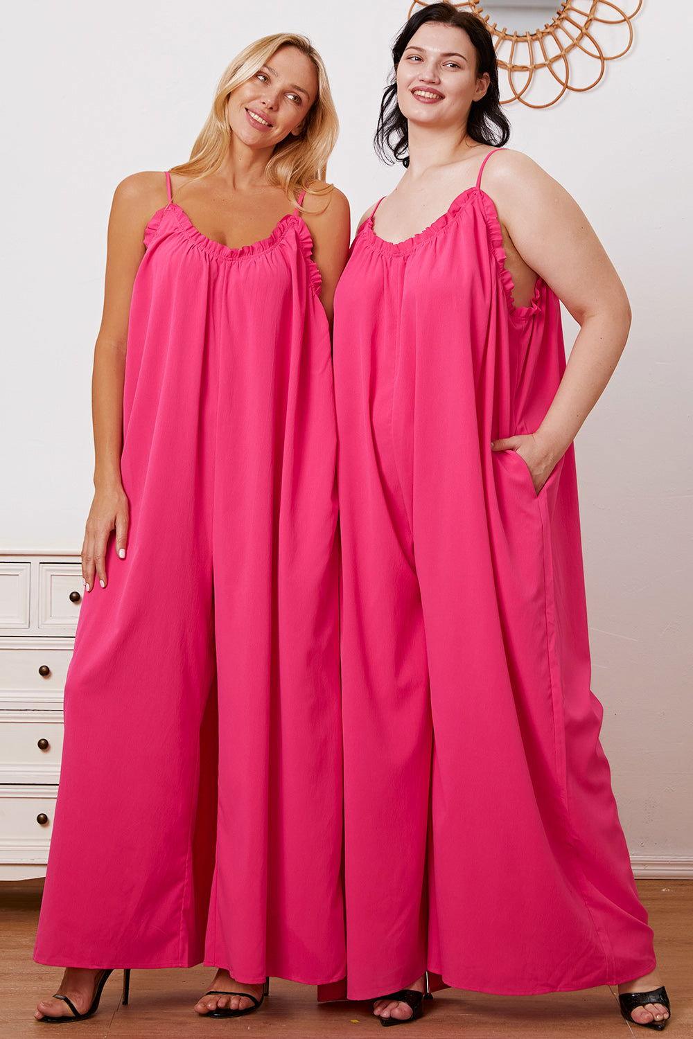 Double Take Full Size Ruffle Trim Tie Back Cami Jumpsuit with Pockets - Clothes For Her Online Store