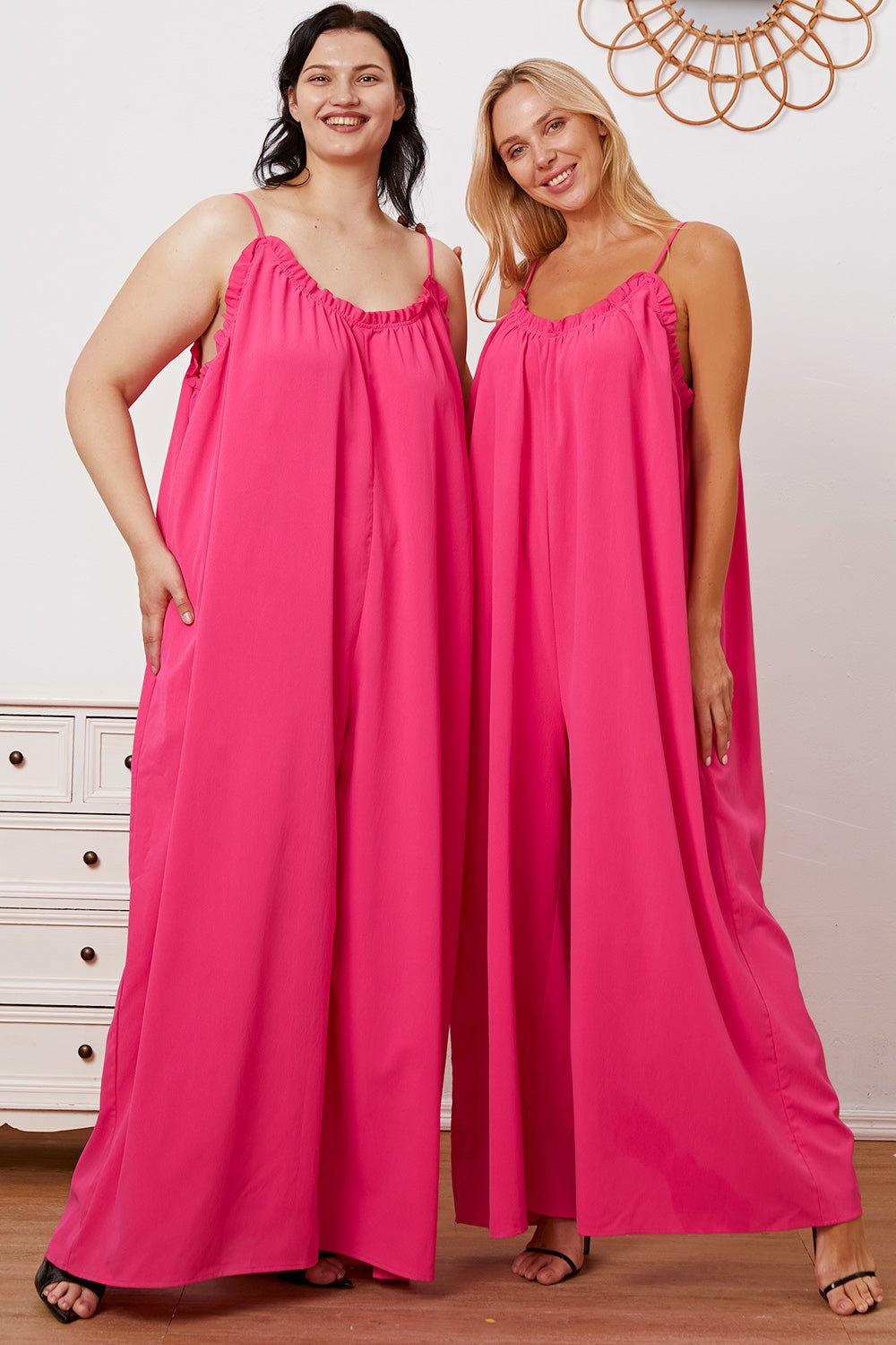 Double Take Full Size Ruffle Trim Tie Back Cami Jumpsuit with Pockets - Clothes For Her Online Store