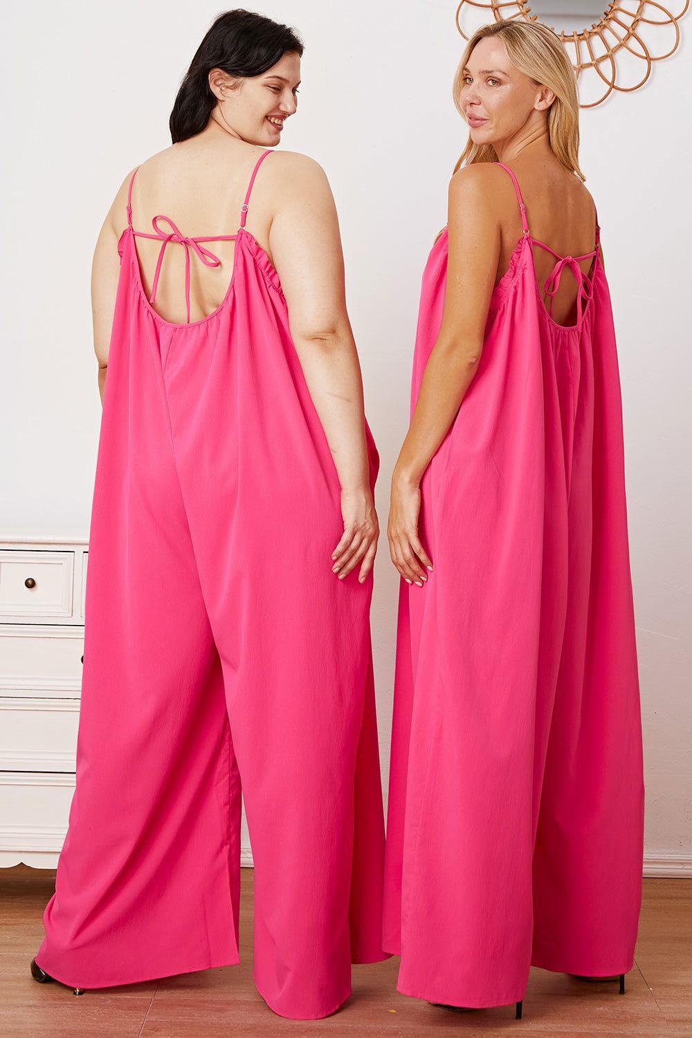 Double Take Full Size Ruffle Trim Tie Back Cami Jumpsuit with Pockets - Clothes For Her Online Store