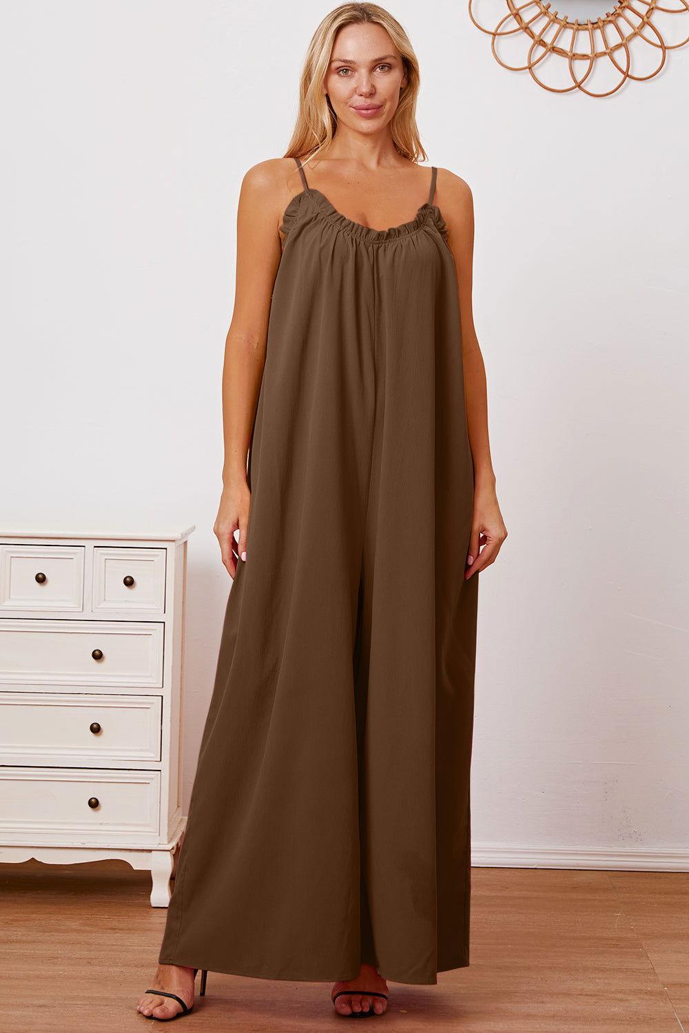 Double Take Full Size Ruffle Trim Tie Back Cami Jumpsuit with Pockets - Clothes For Her Online Store