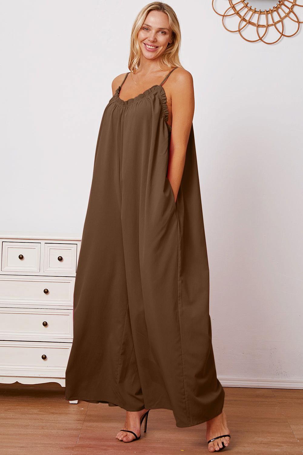 Double Take Full Size Ruffle Trim Tie Back Cami Jumpsuit with Pockets - Clothes For Her Online Store
