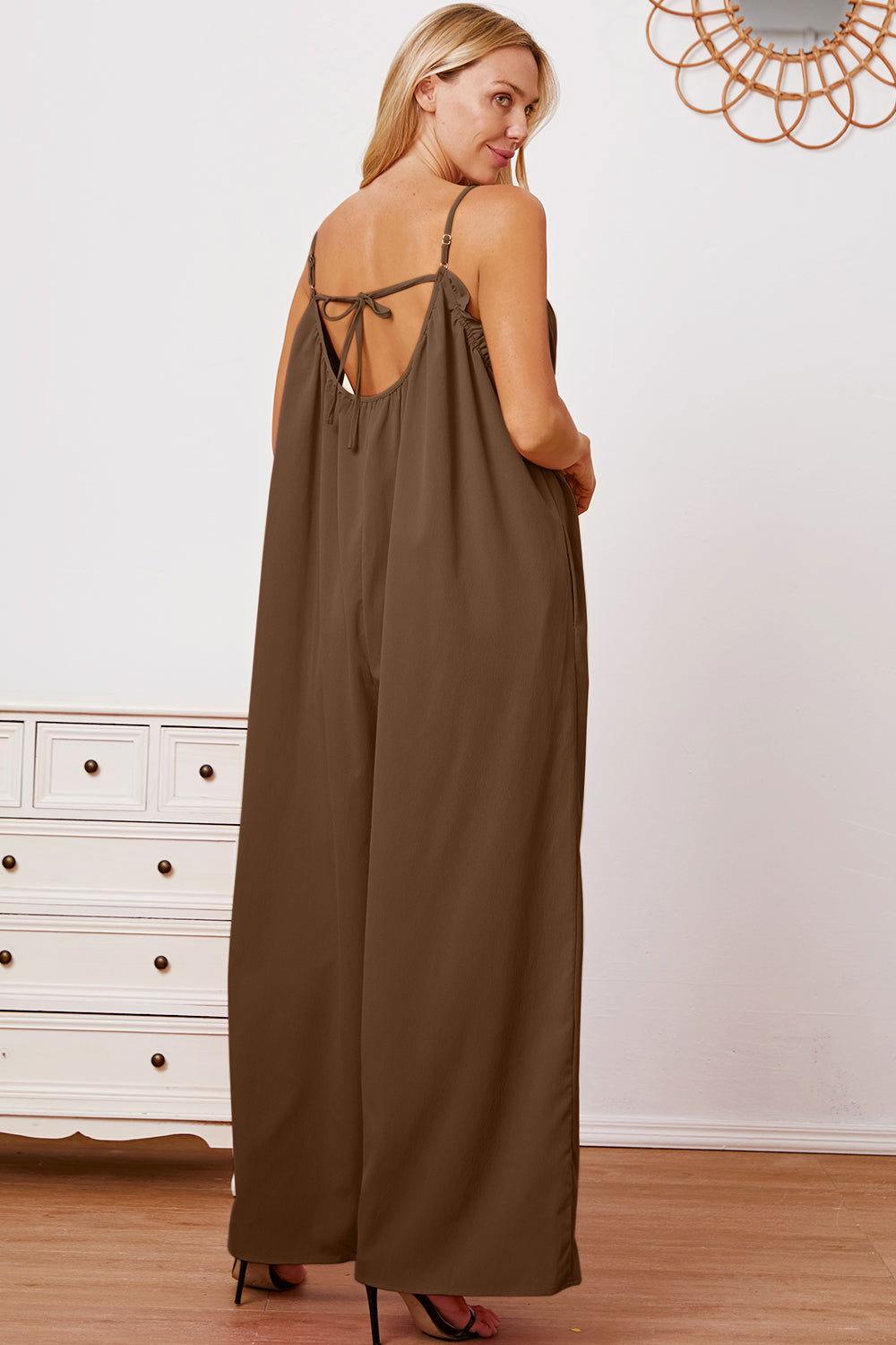 Double Take Full Size Ruffle Trim Tie Back Cami Jumpsuit with Pockets - Clothes For Her Online Store
