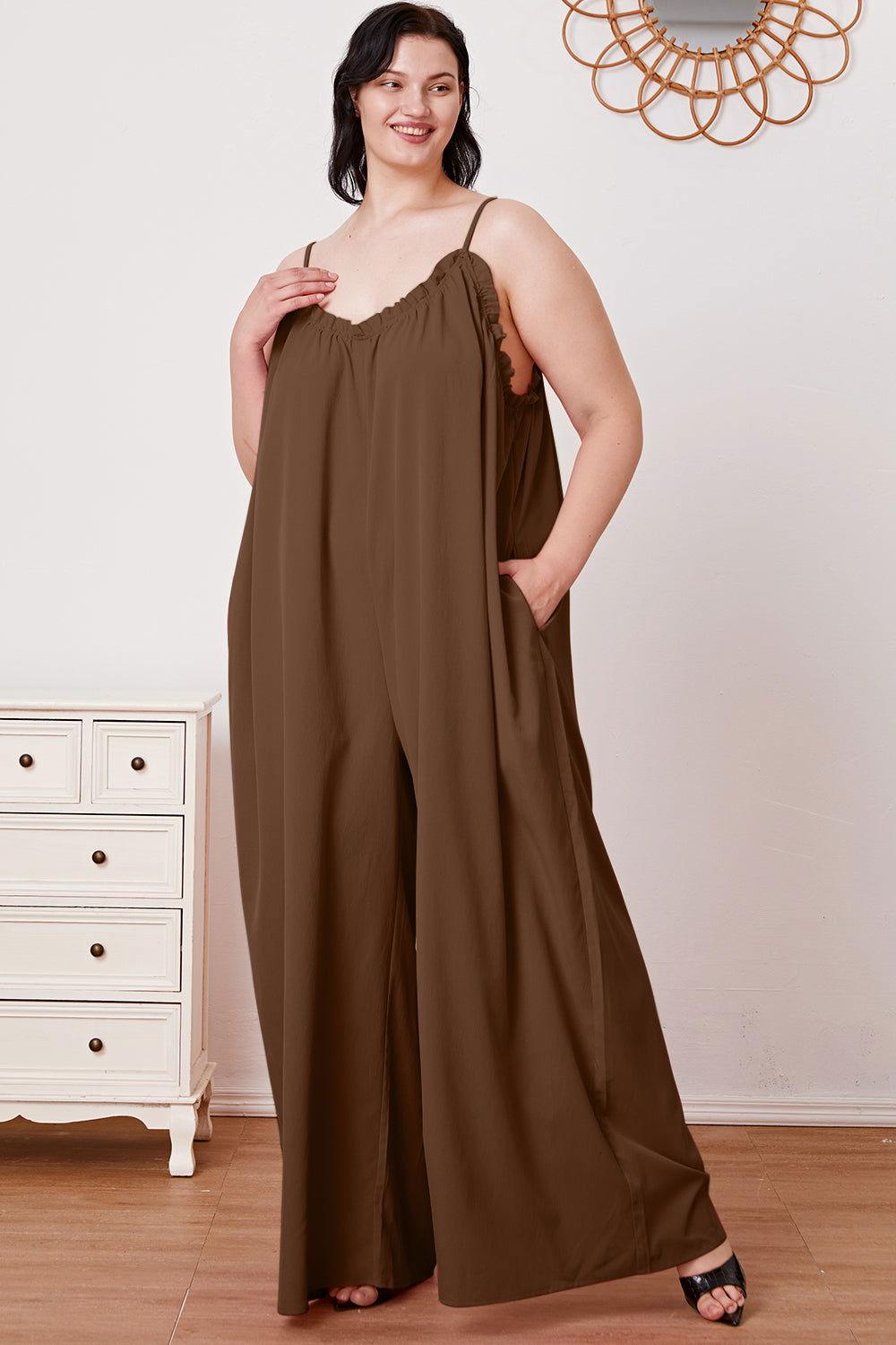 Double Take Full Size Ruffle Trim Tie Back Cami Jumpsuit with Pockets - Clothes For Her Online Store