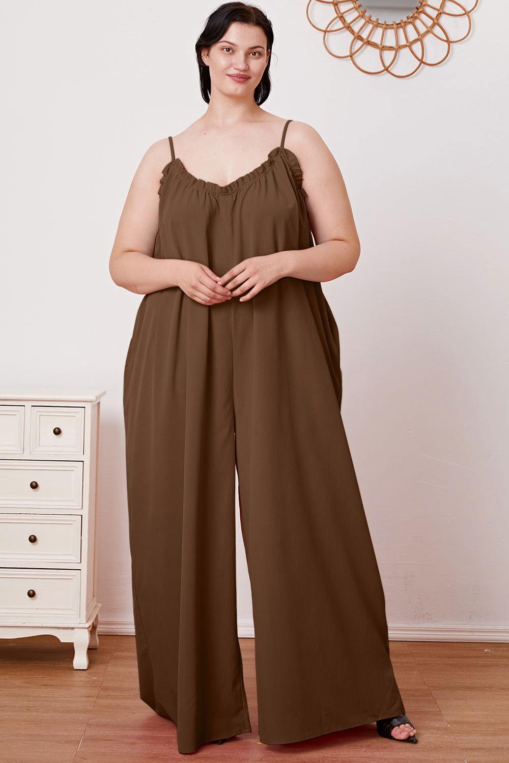 Double Take Full Size Ruffle Trim Tie Back Cami Jumpsuit with Pockets - Clothes For Her Online Store