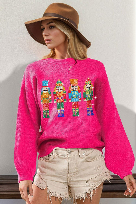 Double Take Full Size Sequin Nutcracker Long Sleeve Sweater - Clothes For Her Online Store