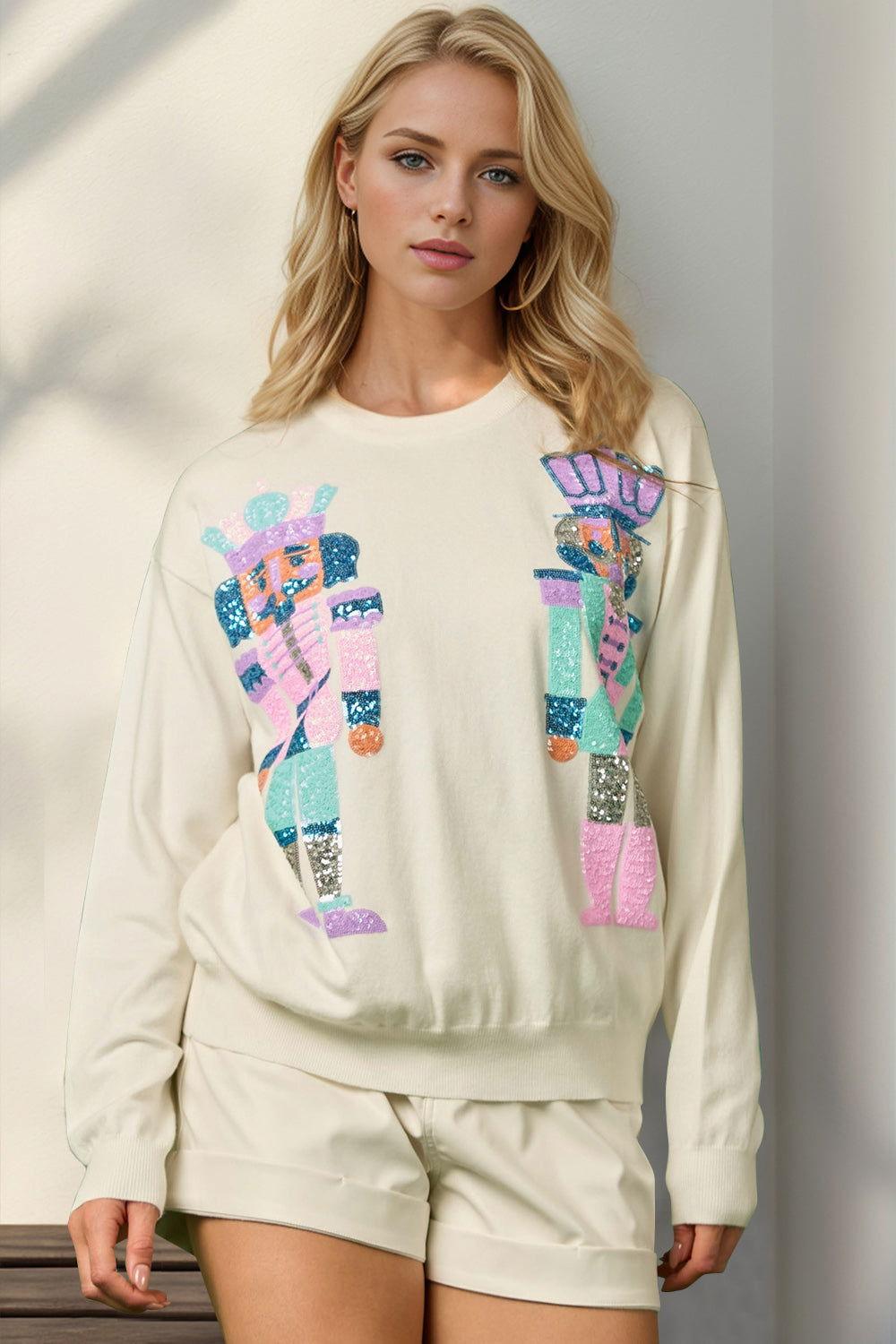 Double Take Full Size Sequin Nutcracker Long Sleeve Sweater - Clothes For Her Online Store