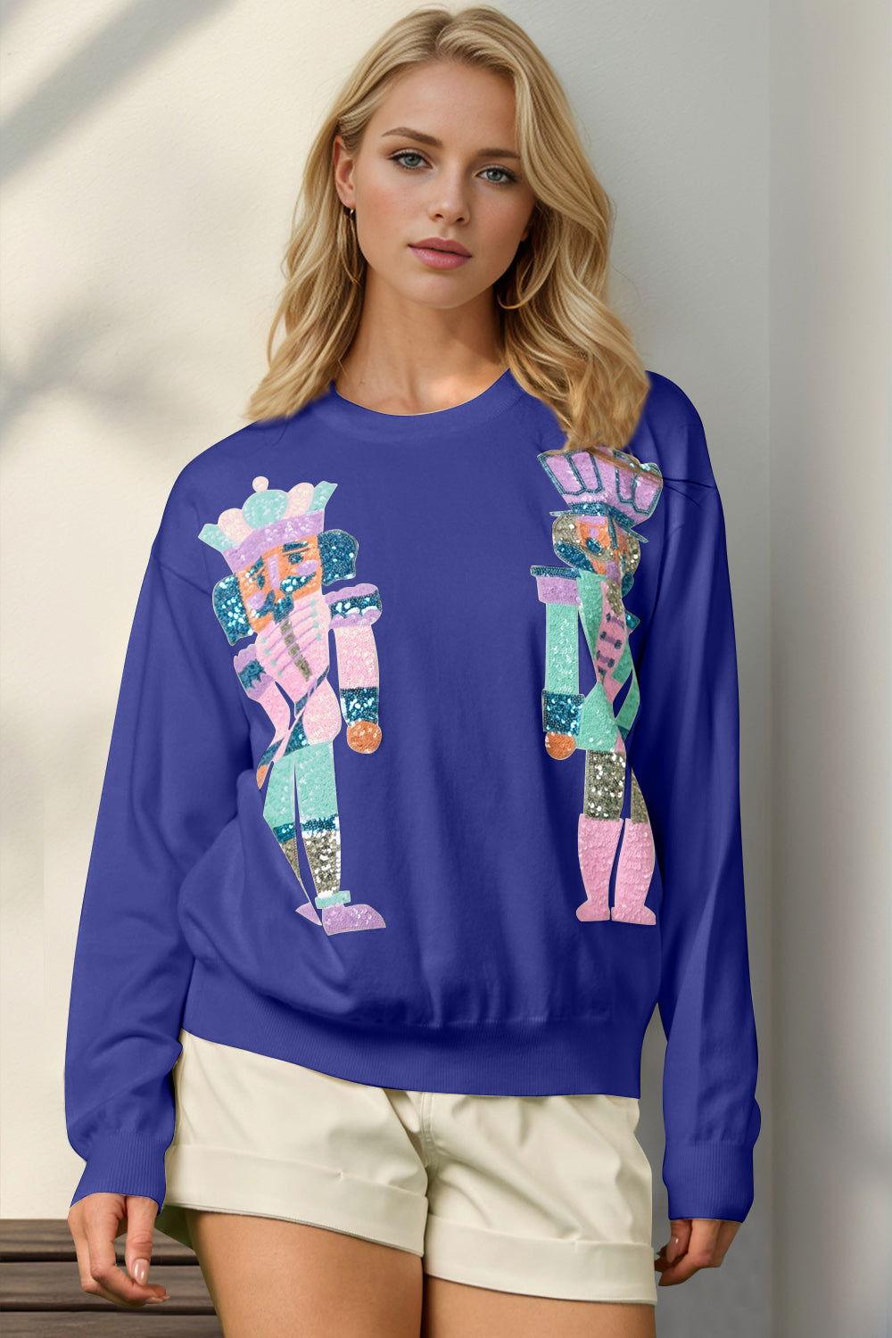 Double Take Full Size Sequin Nutcracker Long Sleeve Sweater - Clothes For Her Online Store