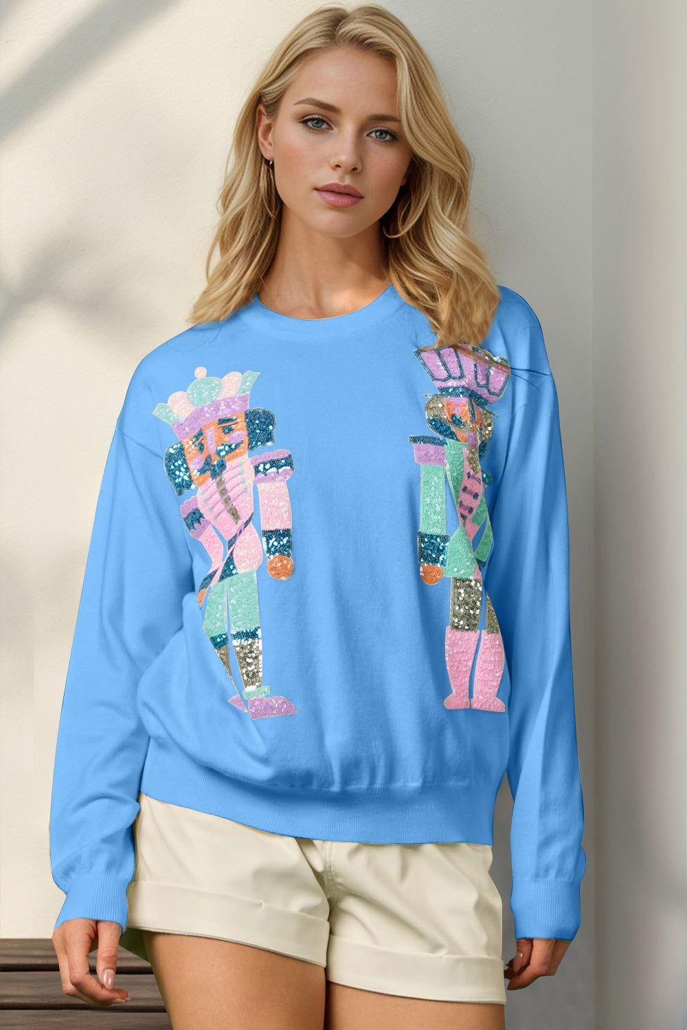 Double Take Full Size Sequin Nutcracker Long Sleeve Sweater - Clothes For Her Online Store