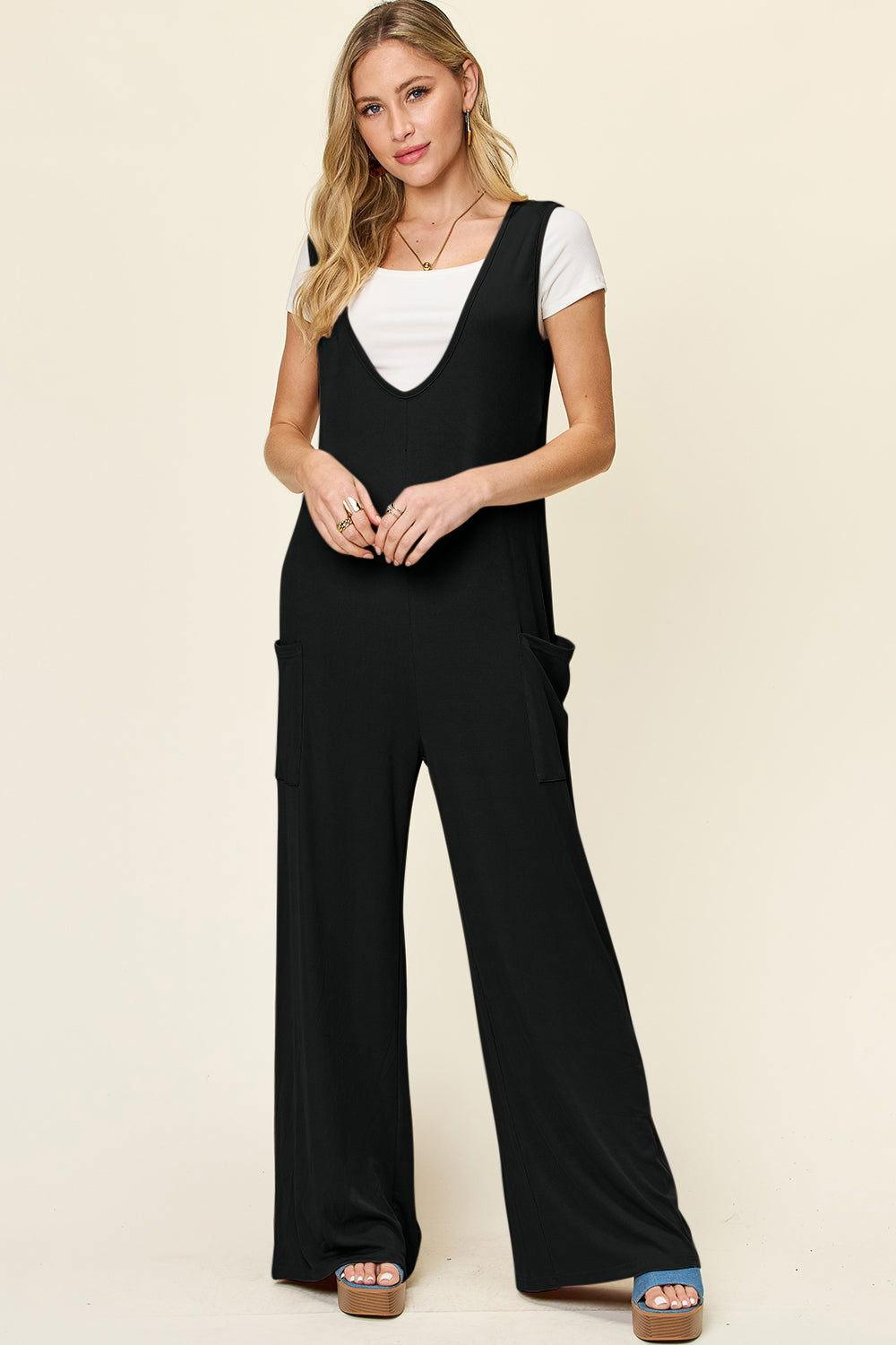 Double Take Full Size Sleeveless Wide Leg Jumpsuit with Pockets - Clothes For Her Online Store