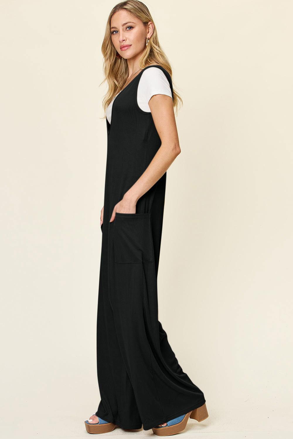 Double Take Full Size Sleeveless Wide Leg Jumpsuit with Pockets - Clothes For Her Online Store