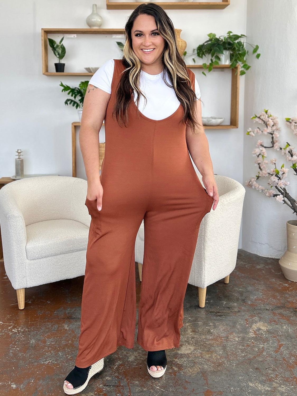 Double Take Full Size Sleeveless Wide Leg Jumpsuit with Pockets - Clothes For Her Online Store