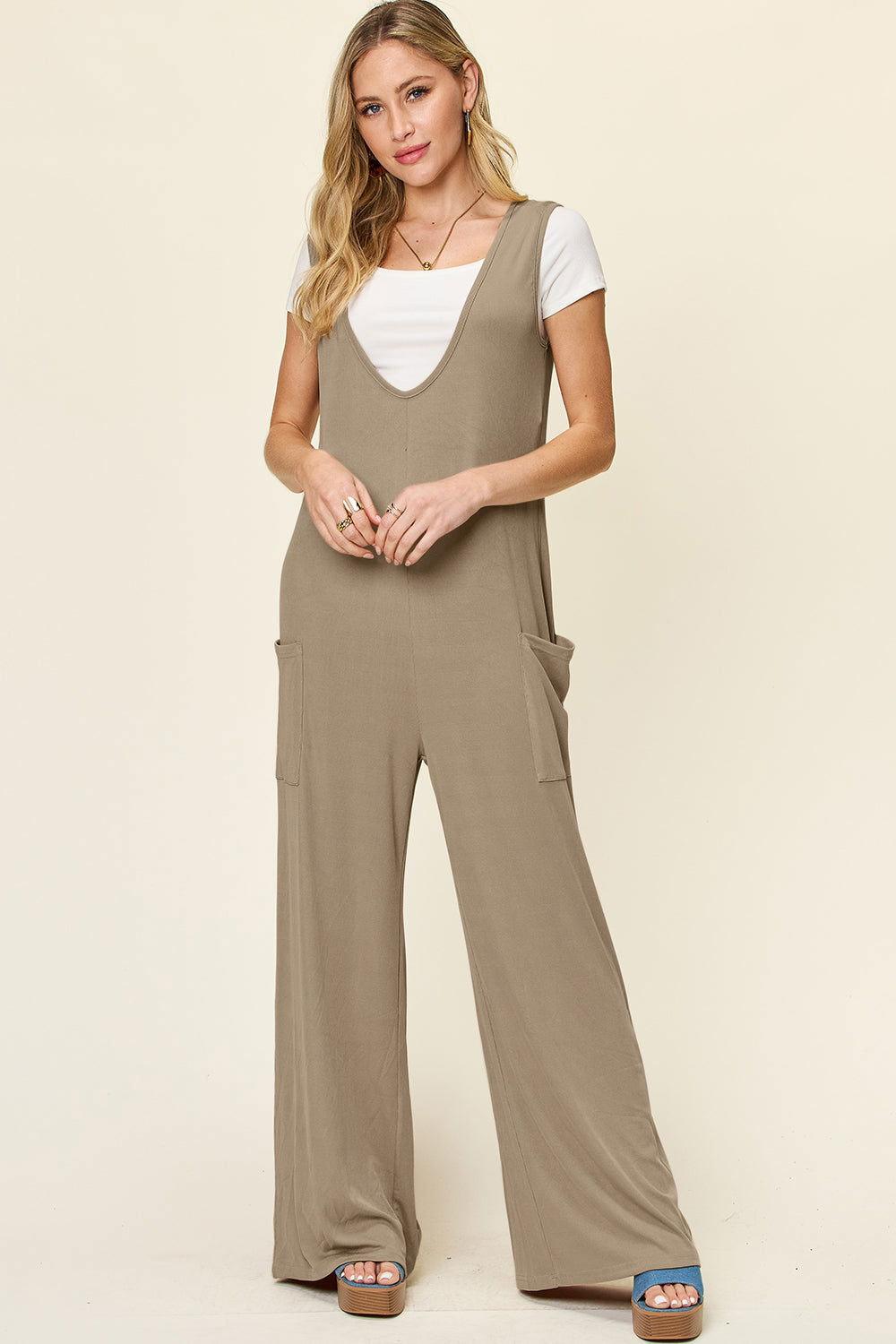 Double Take Full Size Sleeveless Wide Leg Jumpsuit with Pockets - Clothes For Her Online Store