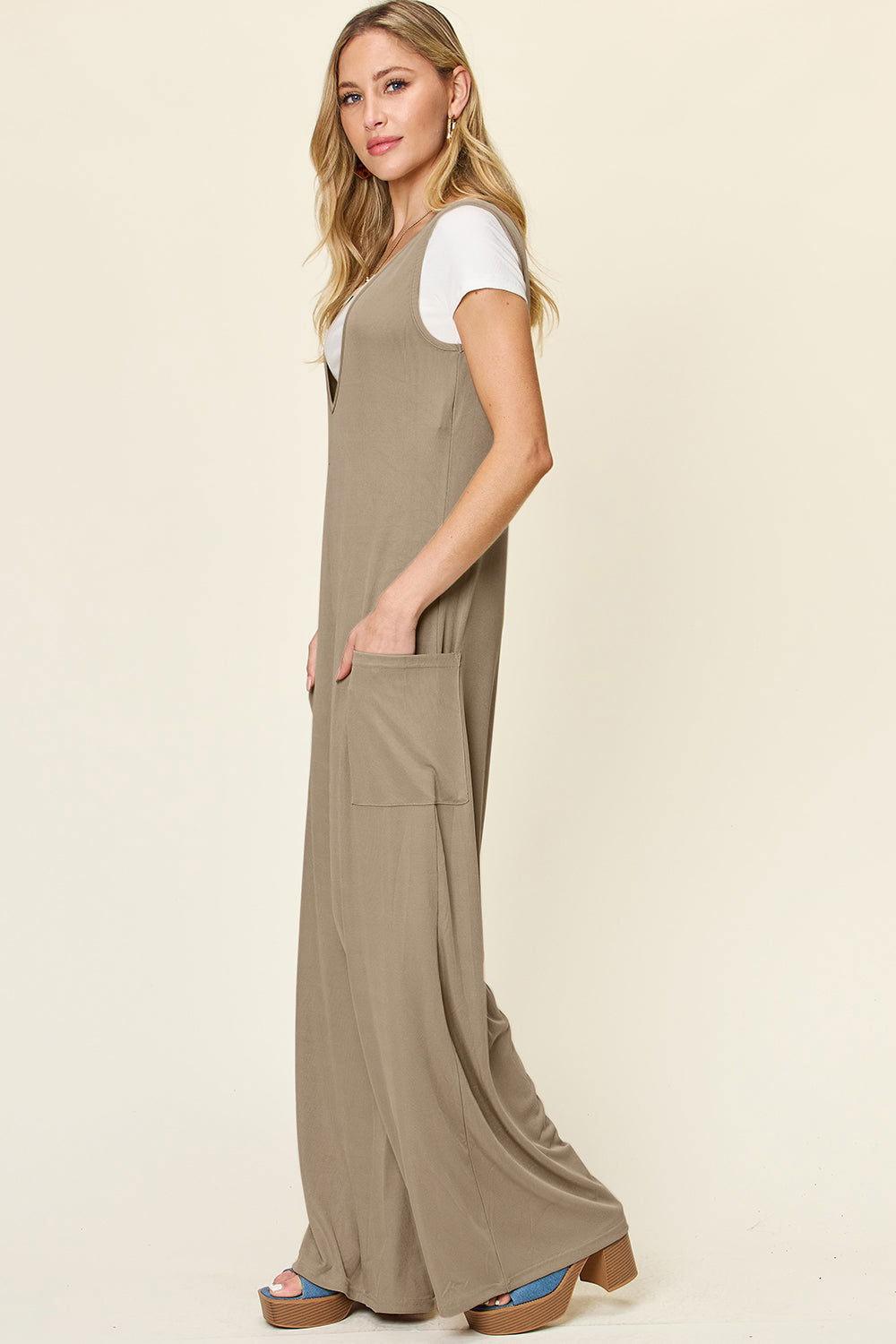 Double Take Full Size Sleeveless Wide Leg Jumpsuit with Pockets - Clothes For Her Online Store