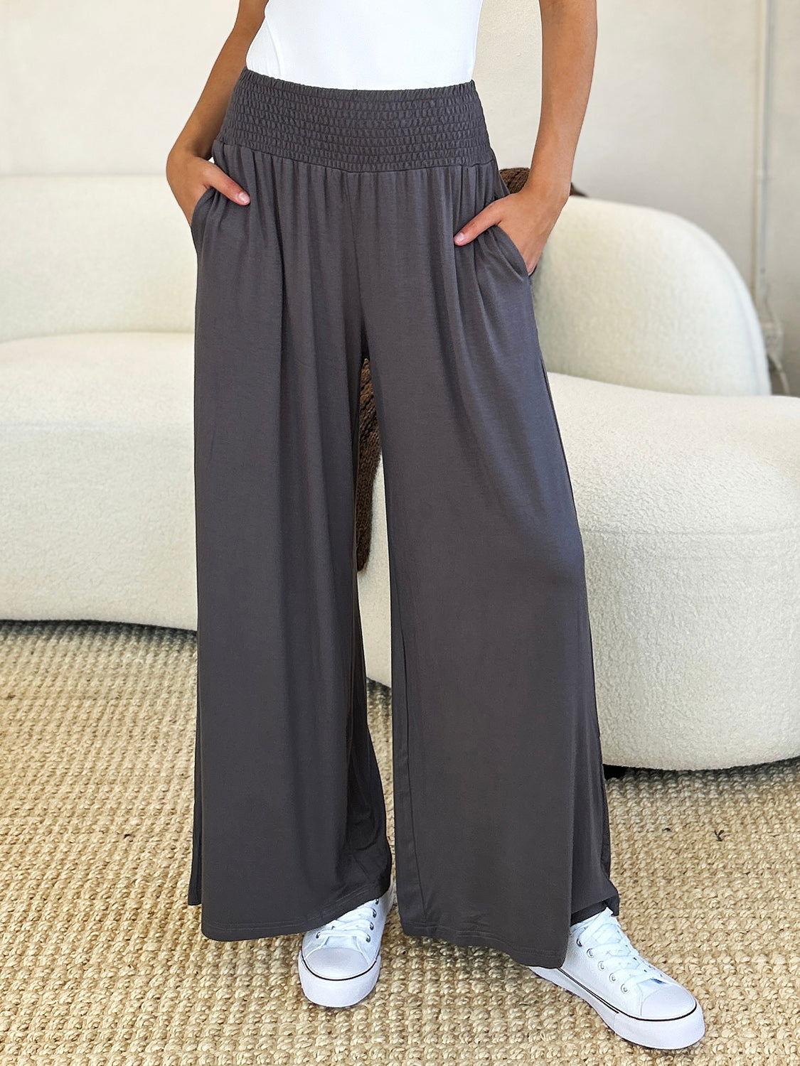 Double Take Full Size Smocked Wide Waistband Wide Leg Pants - Clothes For Her Online Store