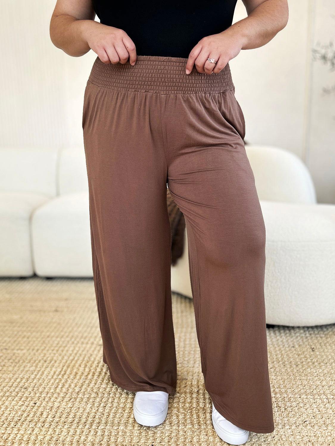 Double Take Full Size Smocked Wide Waistband Wide Leg Pants - Clothes For Her Online Store