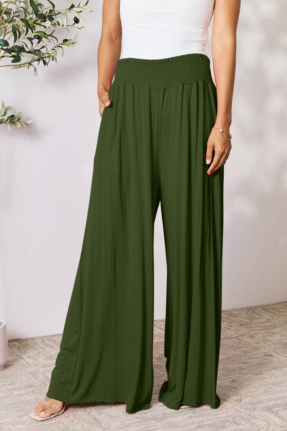 Double Take Full Size Smocked Wide Waistband Wide Leg Pants - Clothes For Her Online Store