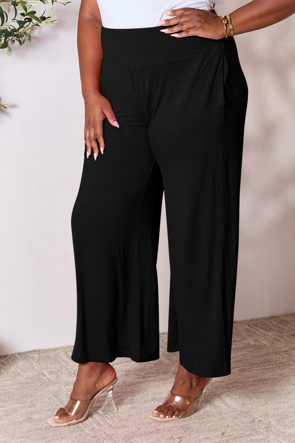 Double Take Full Size Smocked Wide Waistband Wide Leg Pants - Clothes For Her Online Store