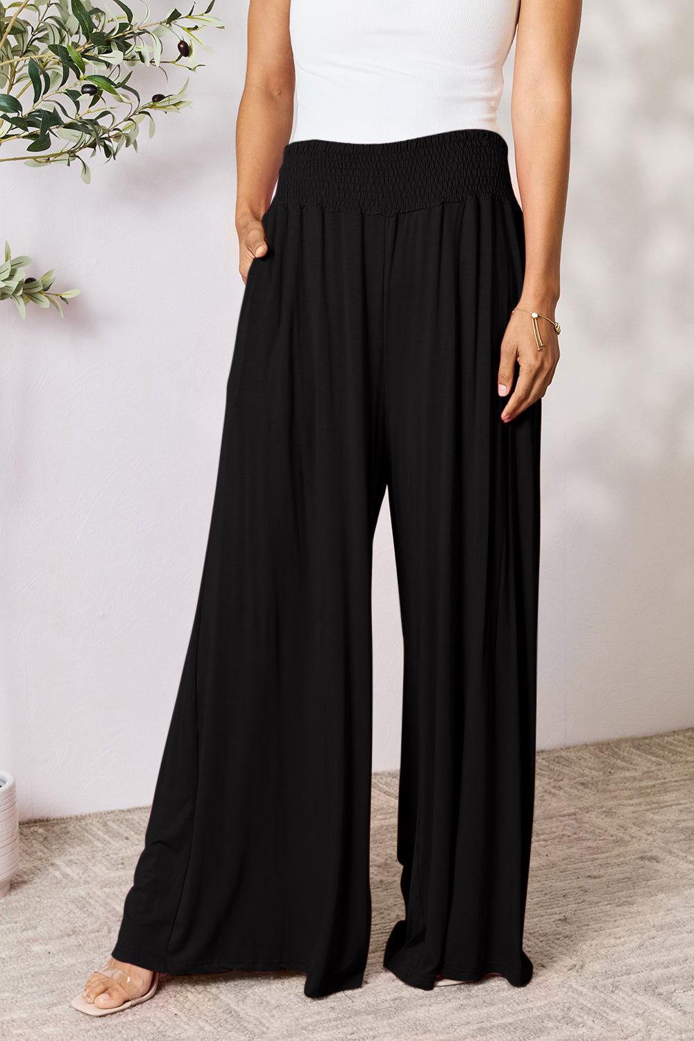Double Take Full Size Smocked Wide Waistband Wide Leg Pants - Clothes For Her Online Store