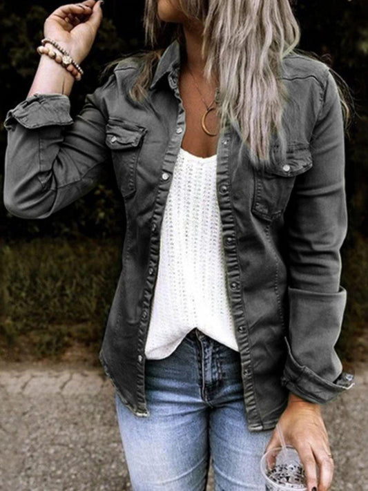 Double Take Full Size Snap Down Long Sleeve Shacket - Clothes For Her Online Store