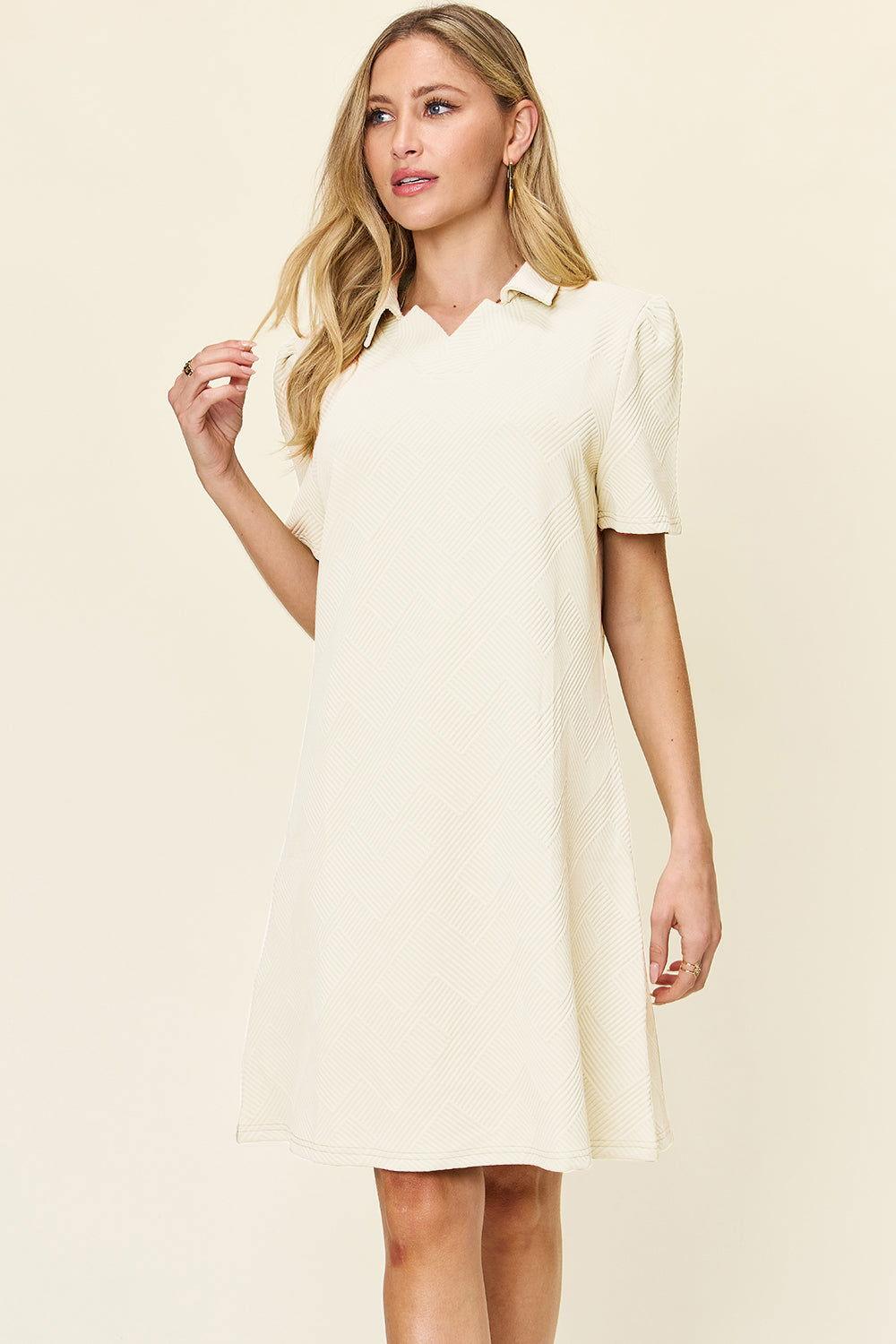 Double Take Full Size Texture Collared Neck Short Sleeve Dress