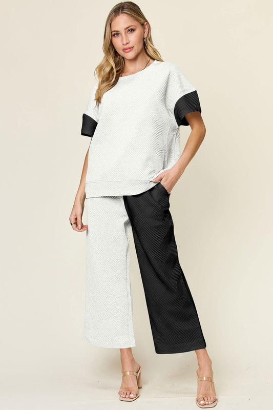 Double Take Full Size Texture Contrast T-Shirt and Wide Leg Pants Set - Clothes For Her Online Store