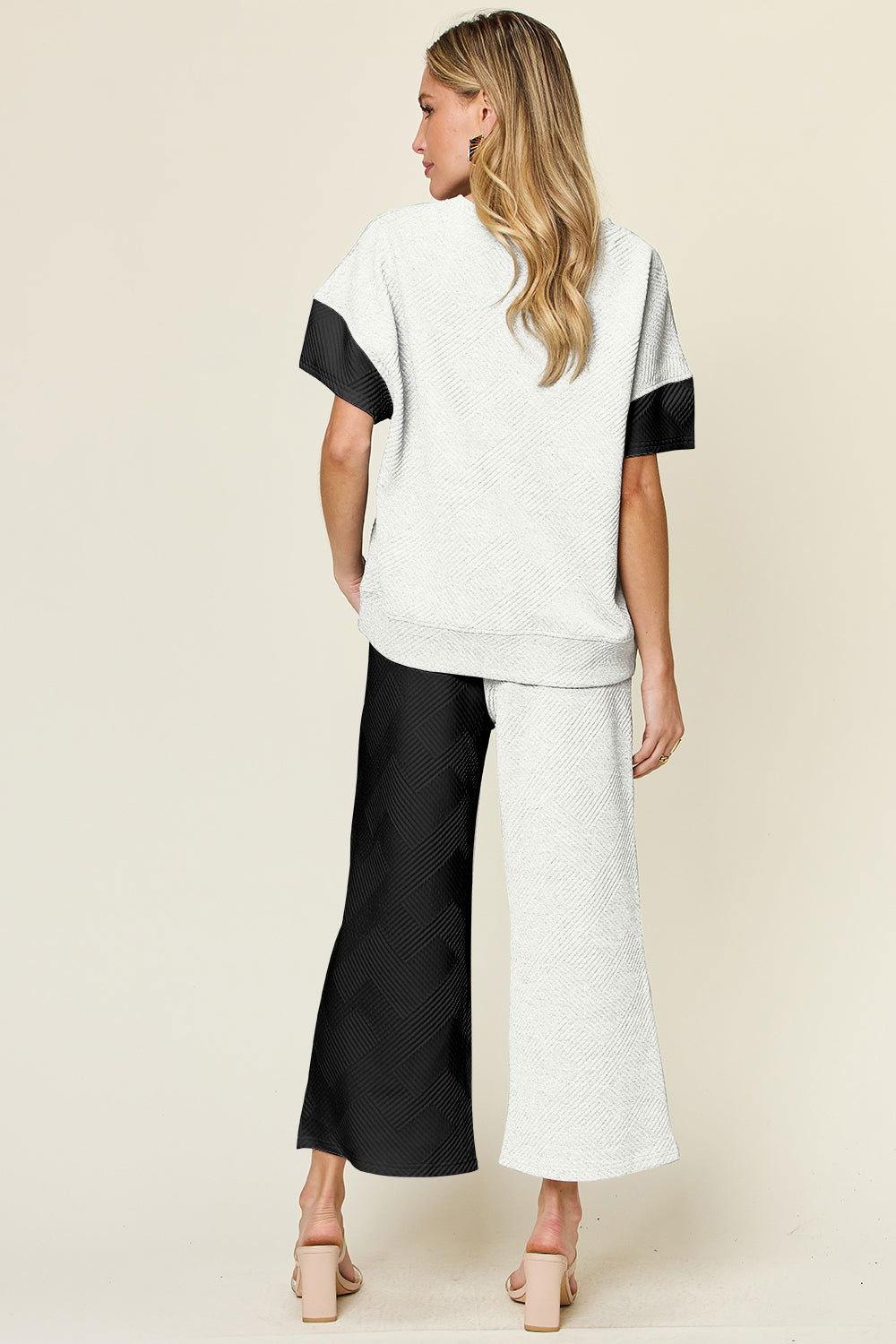 Double Take Full Size Texture Contrast T-Shirt and Wide Leg Pants Set - Clothes For Her Online Store